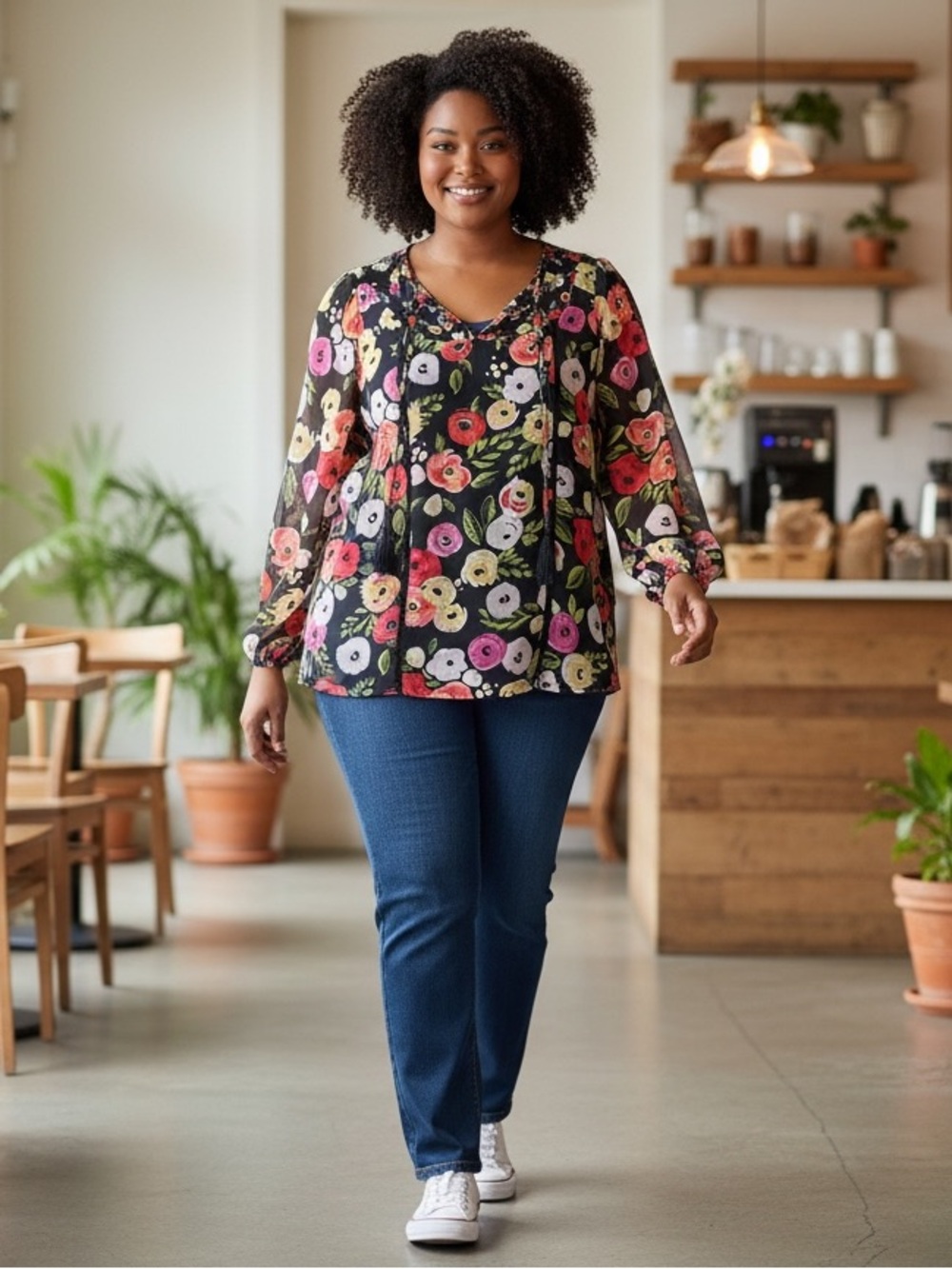 Lane Bryant Floral Chiffon Peasant Blouse Boho Tassel Top Size 14